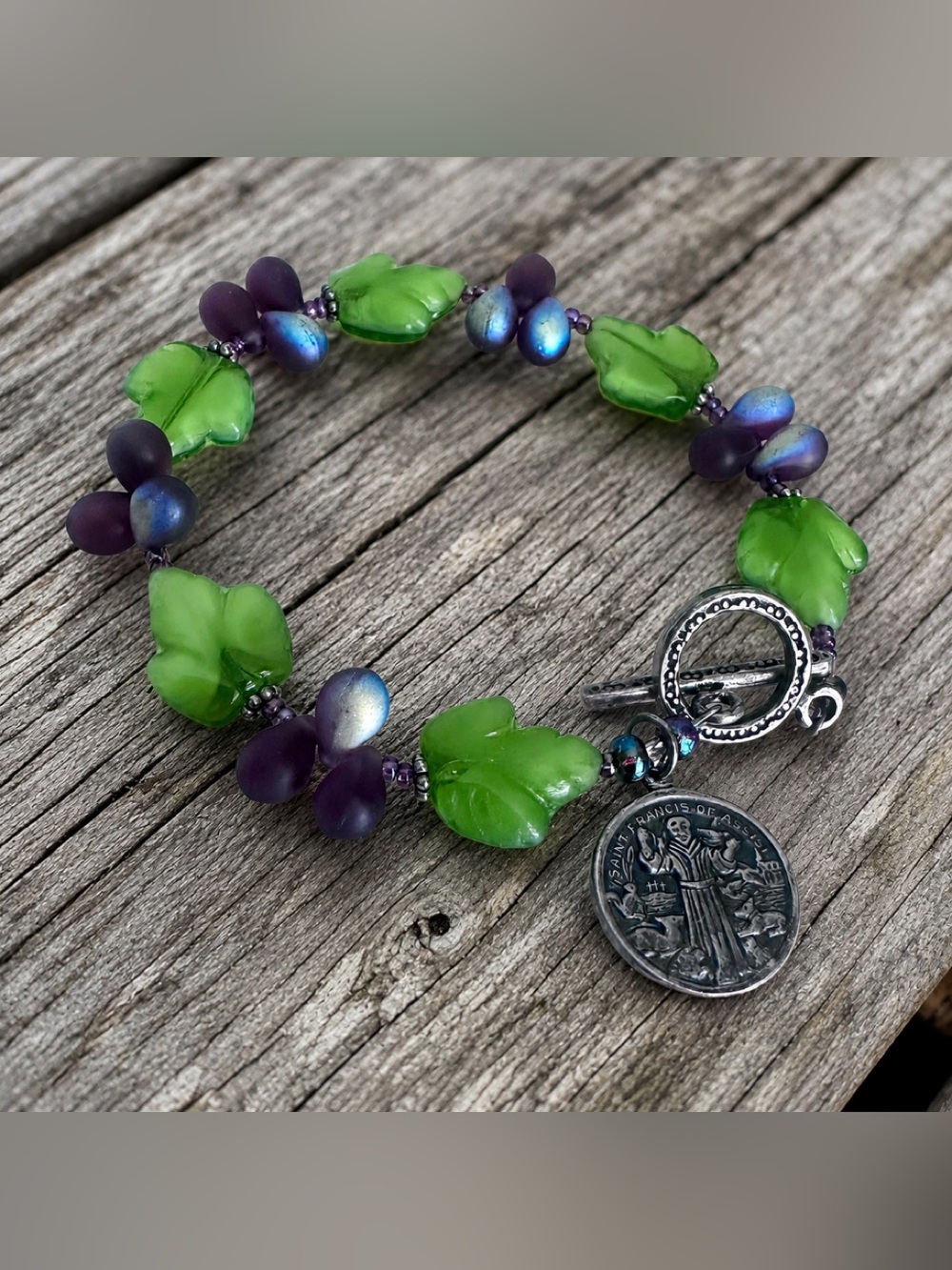 Artisan St Francis Sterling 925 Glass Leaf Bracelet Czech Vineyard Beads